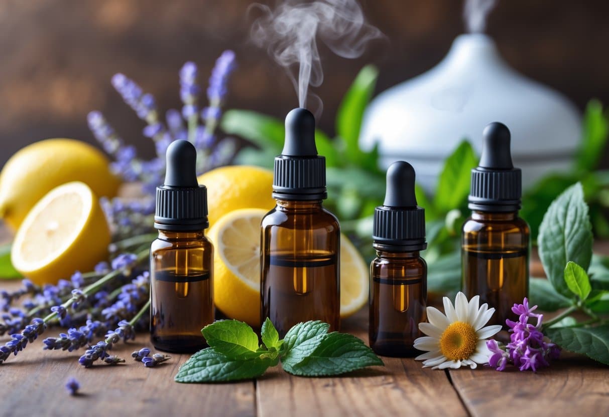 A collection of essential oil bottles surrounded by fresh herbs and flowers with a diffuser emitting mist in the background.
