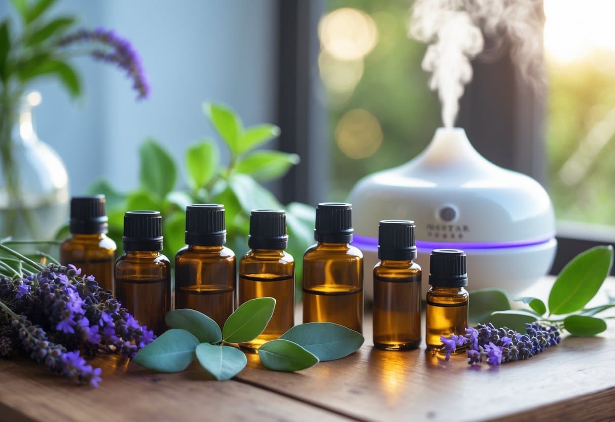 A table with essential oil bottles, fresh lavender and eucalyptus, and a diffuser emitting mist in a calm setting.