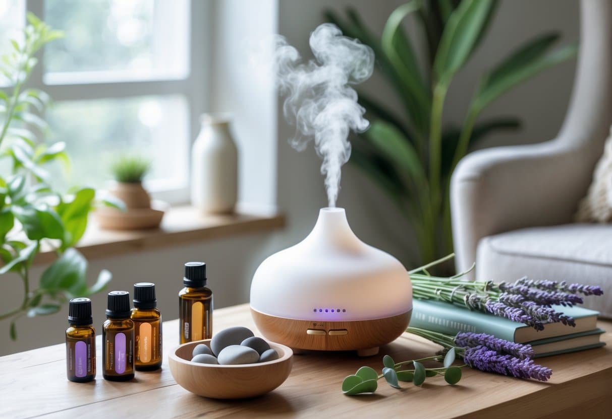 A cozy indoor scene with essential oil bottles, a diffuser releasing mist, fresh herbs, and wellness items arranged on a wooden table near a window.
