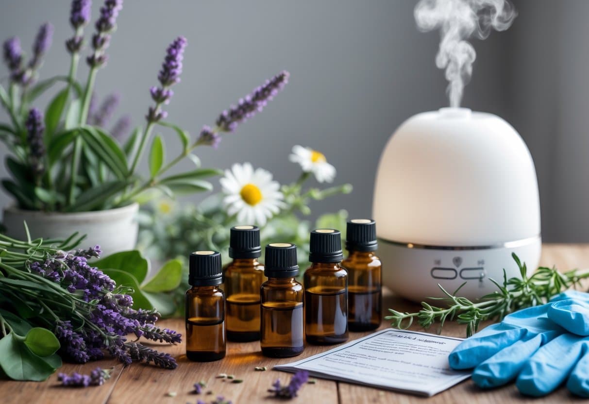 A table with essential oil bottles, fresh herbs, a diffuser emitting mist, safety gloves, and a safety guideline sheet arranged to show safe aromatherapy practices.