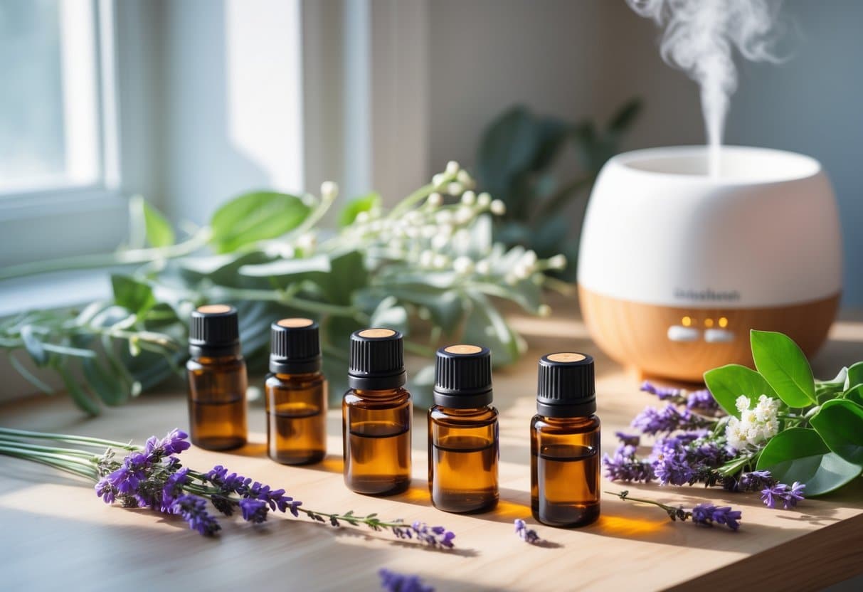 A tabletop with amber essential oil bottles, fresh lavender and eucalyptus, and a white diffuser emitting mist.