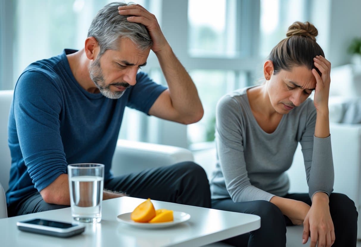 Two adults in a bright room showing signs of fatigue and dizziness, with a glass of water and fruit on a table nearby.