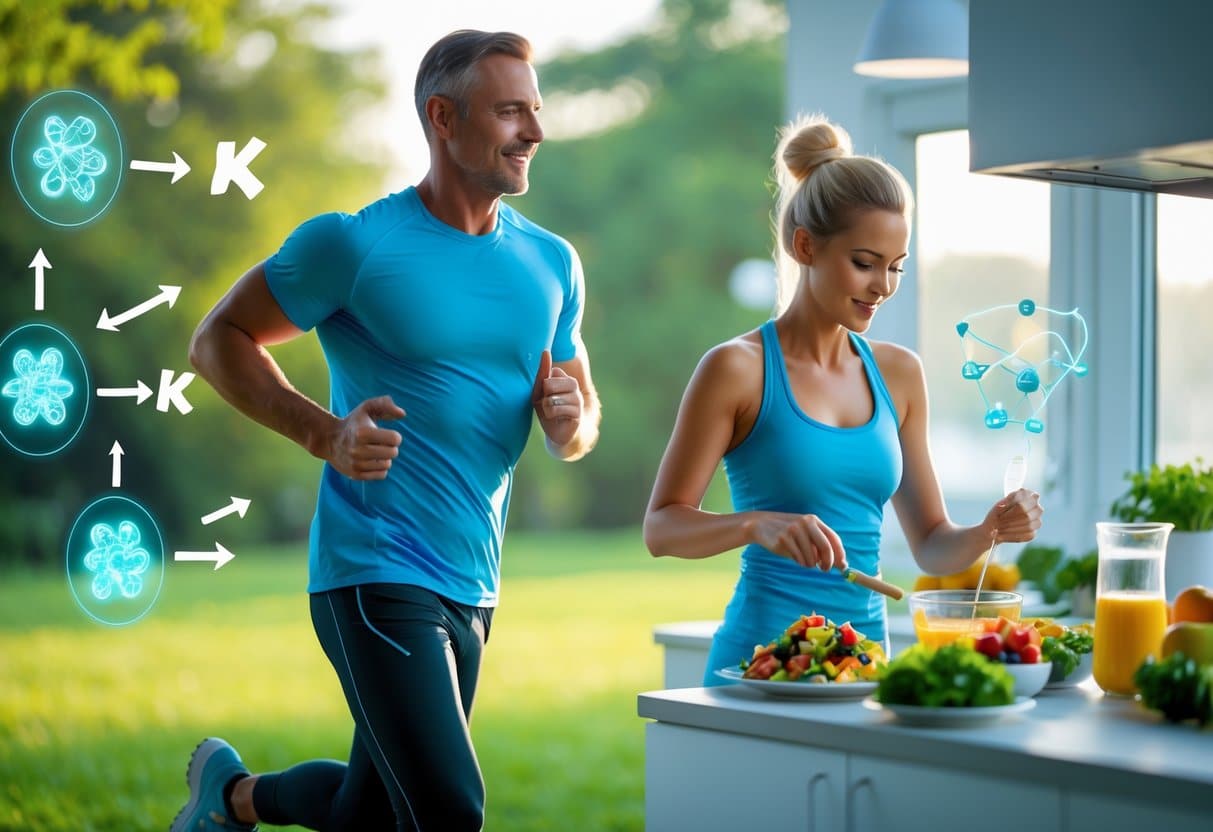 A fit man jogging in a green park and a woman preparing a healthy meal in a bright kitchen, with subtle glowing icons representing energy and metabolism around them.