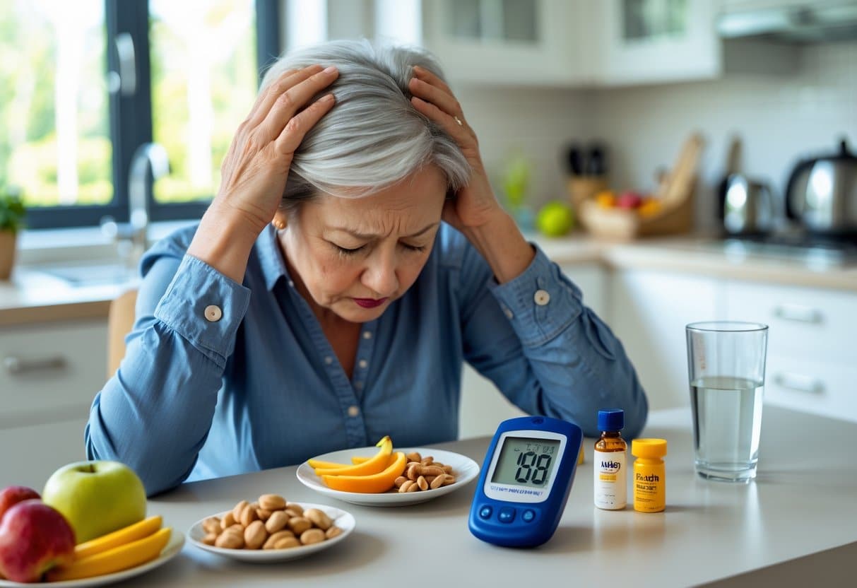 A middle-aged person sitting at a kitchen table looking tired and holding a glucose meter showing low blood sugar.