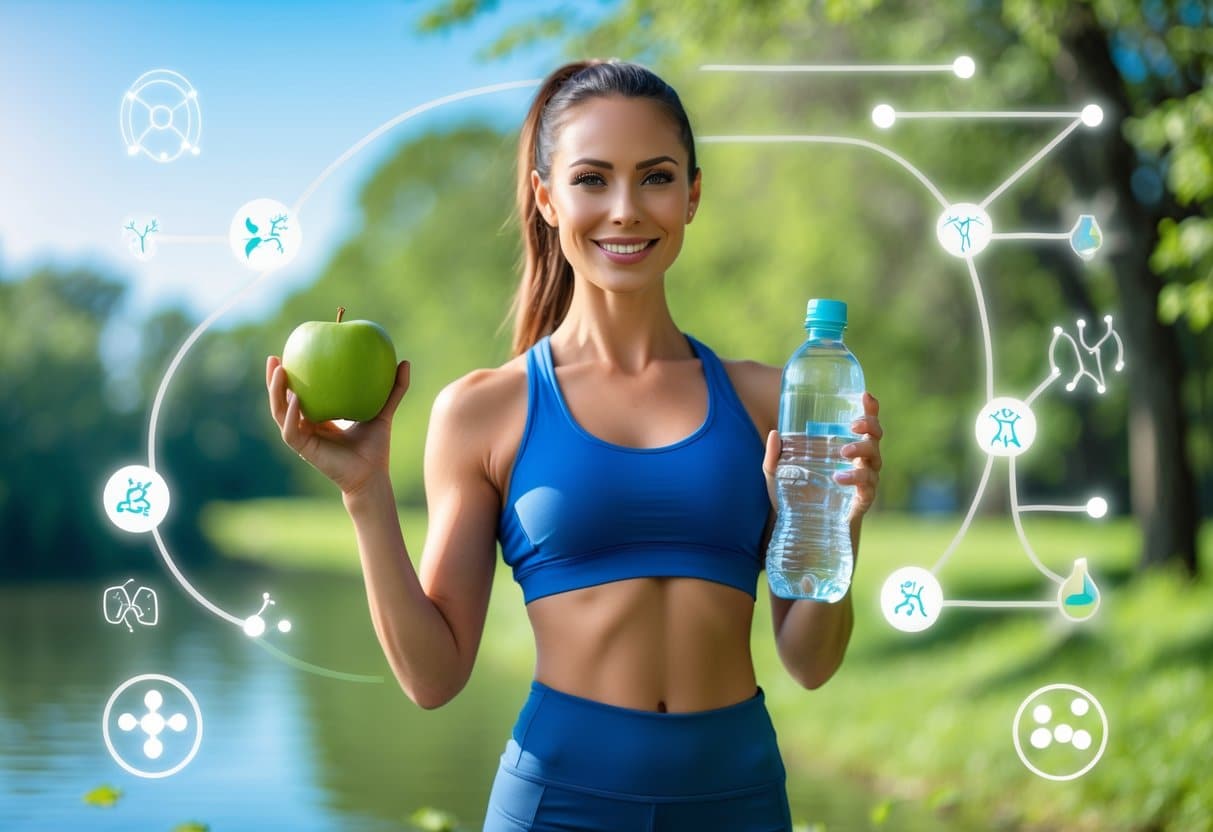 A fit woman outdoors holding an apple and water bottle, surrounded by natural scenery with subtle abstract visuals representing metabolism.