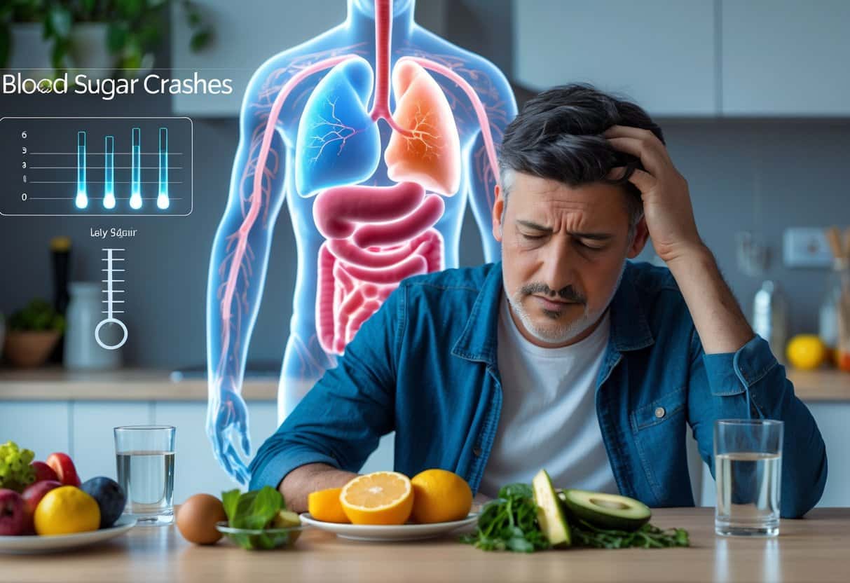 A person sitting at a kitchen table looking tired and holding their head, with healthy foods and a glucose meter showing low blood sugar, alongside a faint anatomical overlay highlighting blood sugar changes.