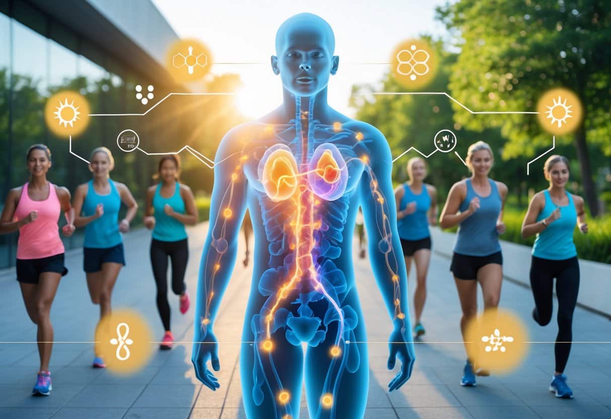 A group of healthy people exercising outdoors with a transparent human silhouette showing glowing energy pathways and metabolic symbols.