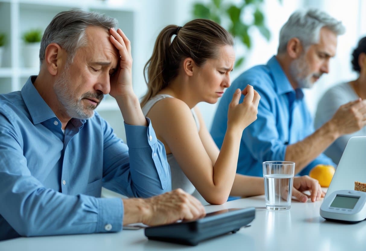 Several adults showing signs of low blood sugar, including fatigue, dizziness, sweating, and reaching for a snack in a bright indoor setting.