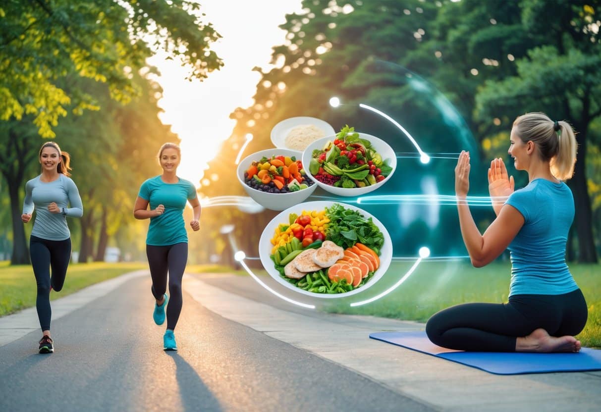 A diverse group of healthy adults jogging, preparing a balanced meal, and practicing yoga outdoors, symbolizing metabolic health and flexibility.