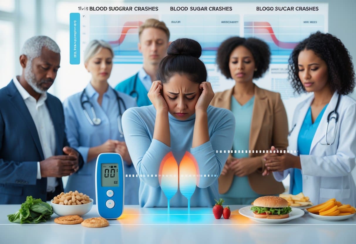 A person looking unsteady and fatigued in a medical setting, surrounded by images of food and glucose meter representing blood sugar changes.