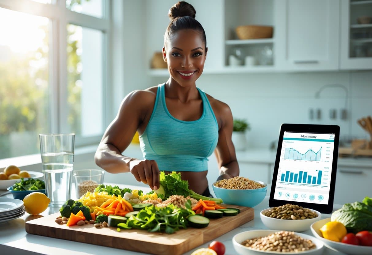 A person preparing a healthy meal with fresh vegetables and lean proteins in a bright kitchen with a tablet showing health data nearby.