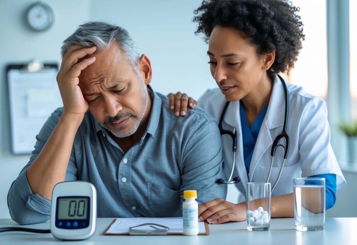 A man looking dizzy is supported by a woman in a medical setting with a glucose meter and glucose tablets on a table nearby.