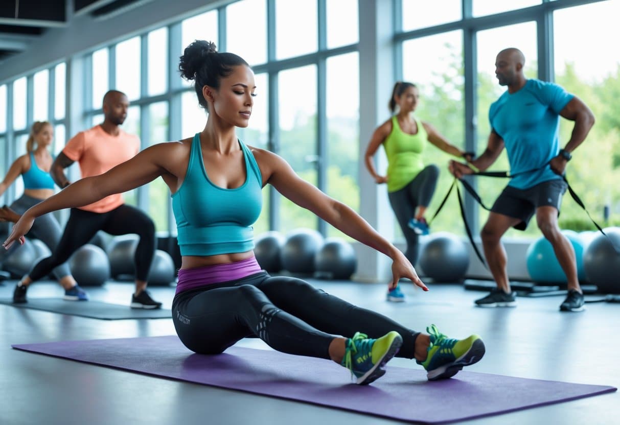 A group of adults exercising in a bright gym, performing stretches and mobility exercises to improve flexibility and metabolic health.