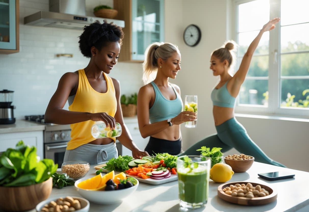 Three adults in a bright kitchen preparing healthy food, drinking infused water, and stretching near a sunny window.