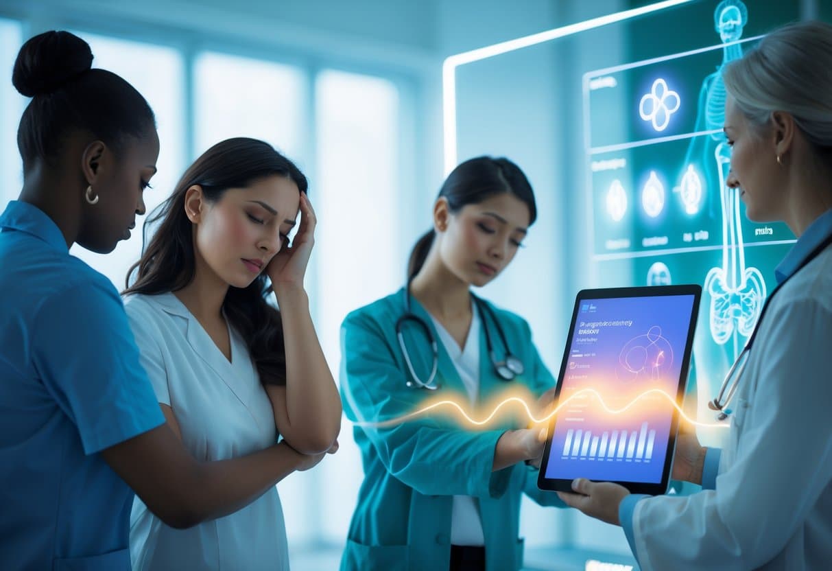 A woman looking tired and dizzy is supported by a healthcare professional in a bright medical setting, with digital graphics showing blood sugar and metabolism concepts in the background.