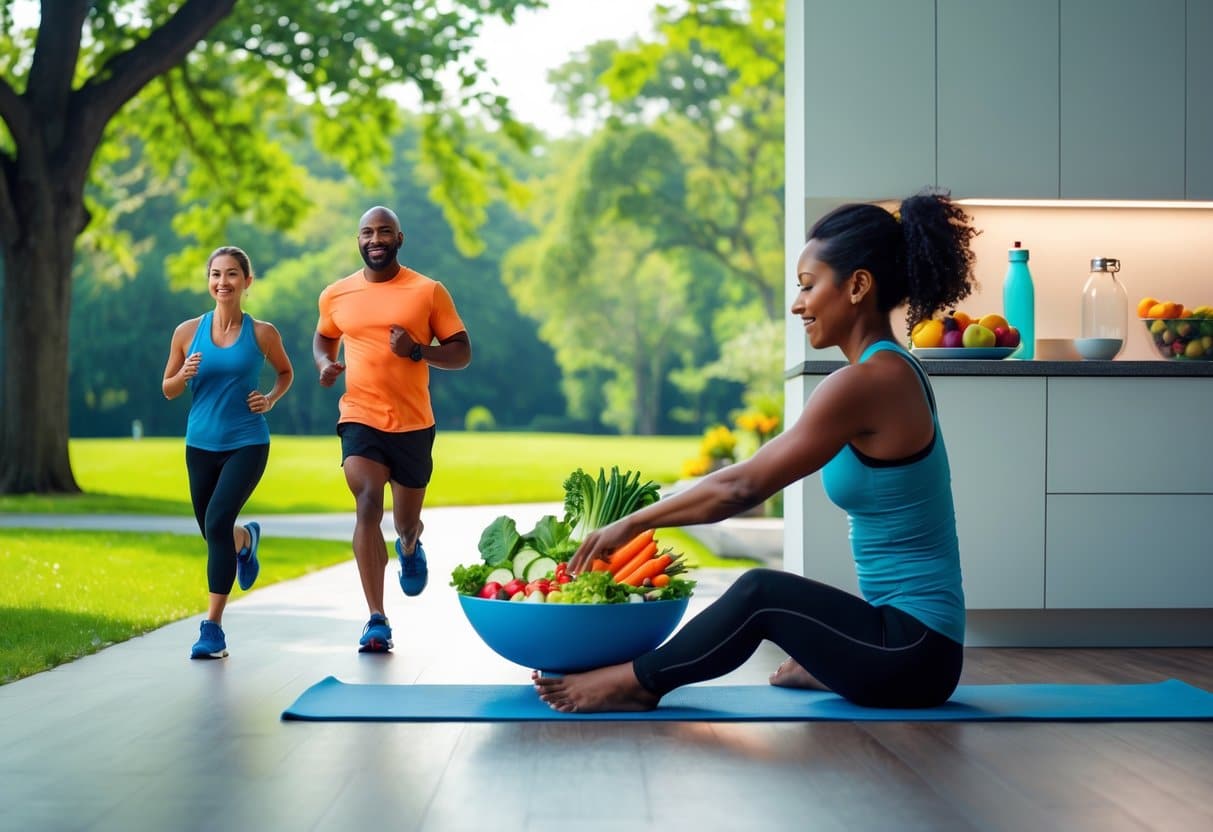 A diverse group of adults jogging, preparing a healthy meal, and doing yoga outdoors and indoors, representing active and healthy living.