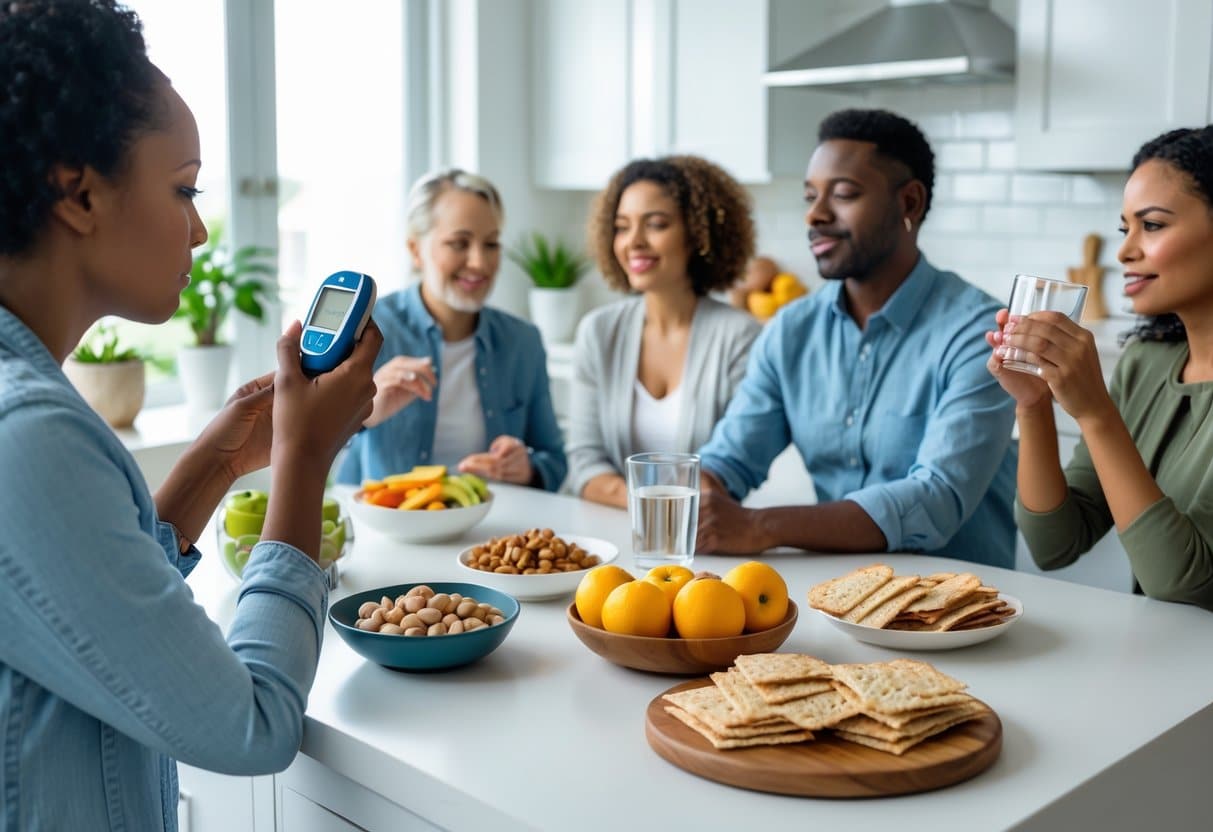 People in a kitchen checking blood sugar levels and preparing healthy snacks to manage blood sugar crashes.