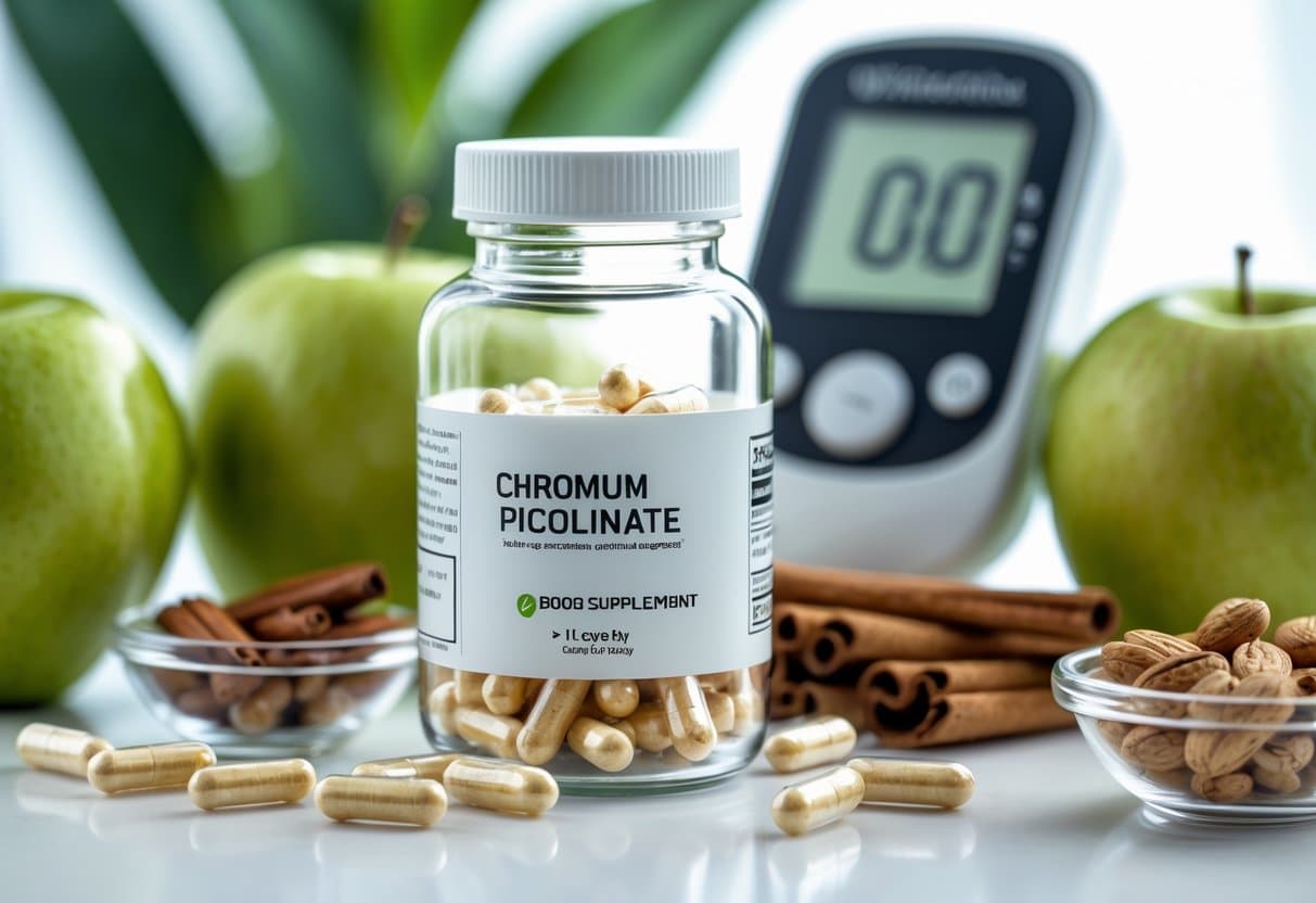 A bottle of chromium picolinate capsules surrounded by fresh green apples, cinnamon sticks, nuts, and a blurred glucose meter in the background.