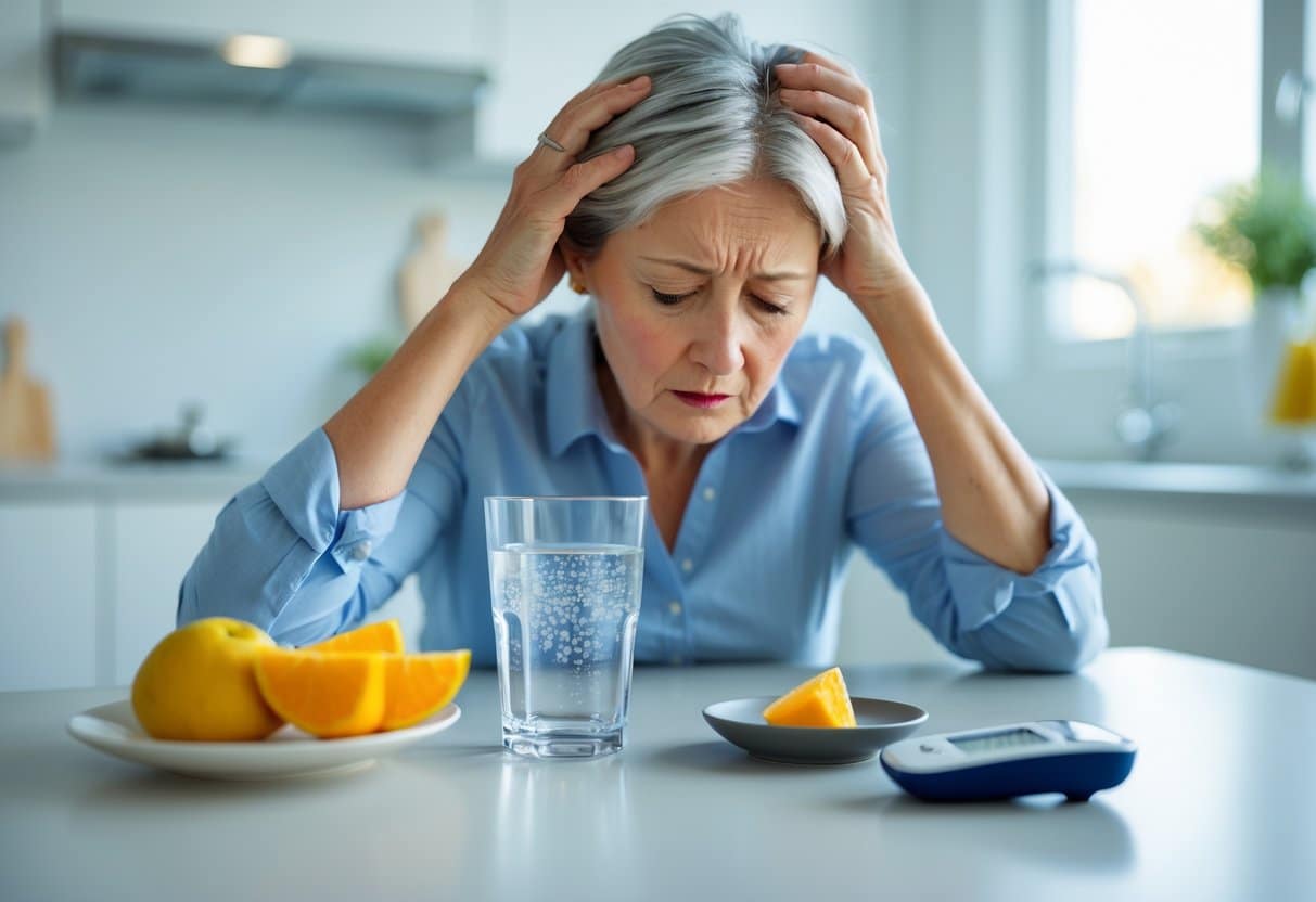 A person sitting at a kitchen table looking tired and holding their head, with a glucose meter and fruit on the table.