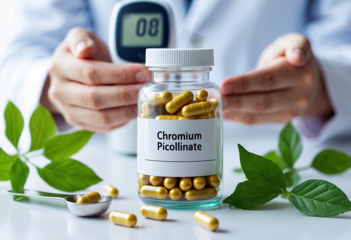 A glass bottle of chromium picolinate capsules on a white surface with green leaves and a glucose meter in the background.