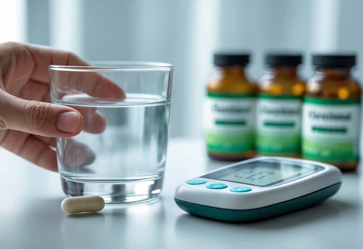 A hand holding a glass of water next to a white pill and a digital glucose meter on a white surface with supplement bottles blurred in the background.