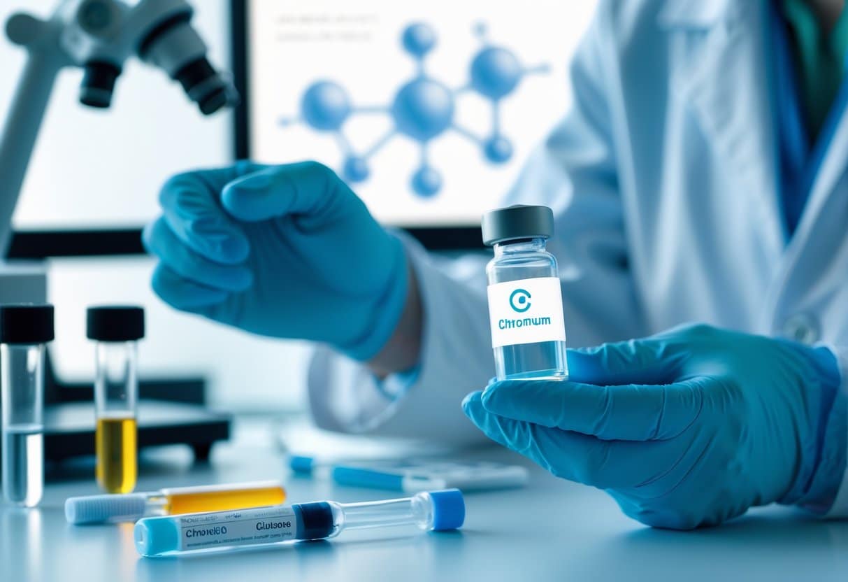 A scientist in a lab coat handling a vial in a laboratory with glucose testing equipment and molecular models in the background.