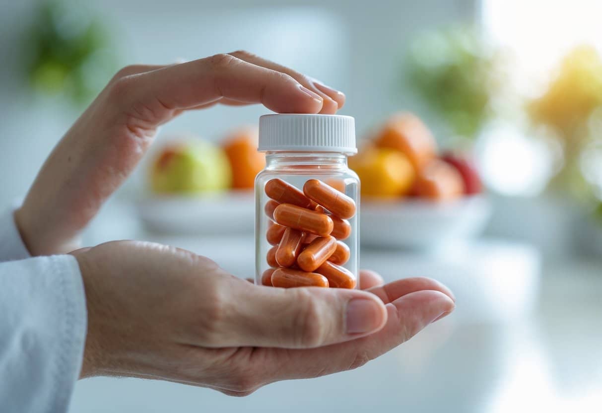 A hand holding a small bottle of chromium picolinate capsules with a blurred bowl of fresh fruits in the background on a kitchen counter.