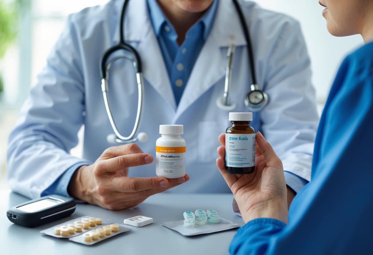 A healthcare professional consulting with a patient about blood sugar management, with medical tools and supplements on the table.