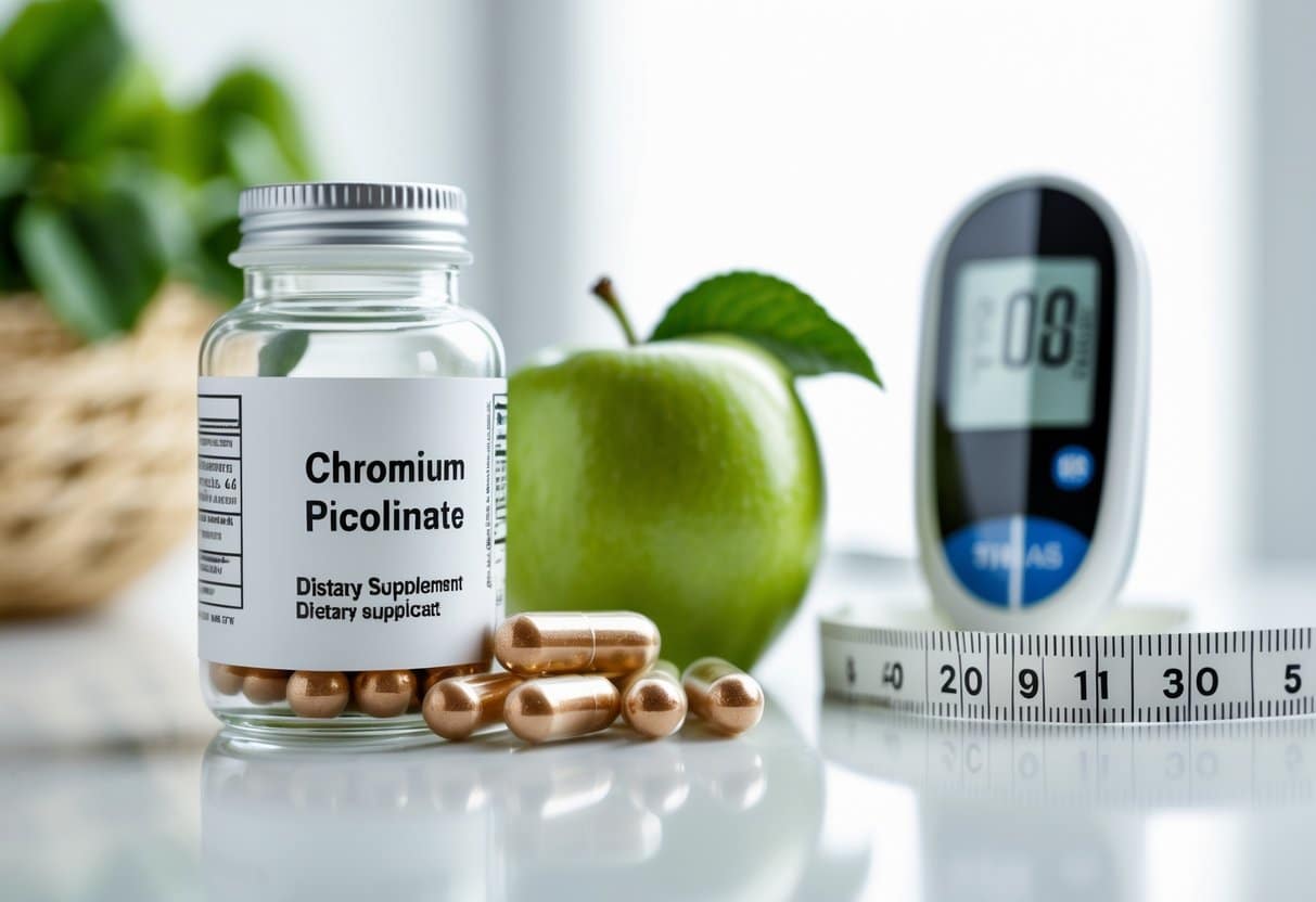 Close-up of a supplement bottle with chromium picolinate capsules, a glucose meter, a green apple, and a measuring tape on a white surface.