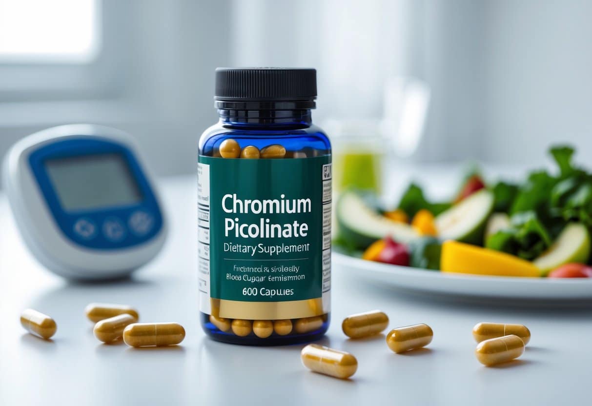 A bottle of chromium picolinate capsules with scattered pills on a white surface, a glucose meter and healthy food in the background.