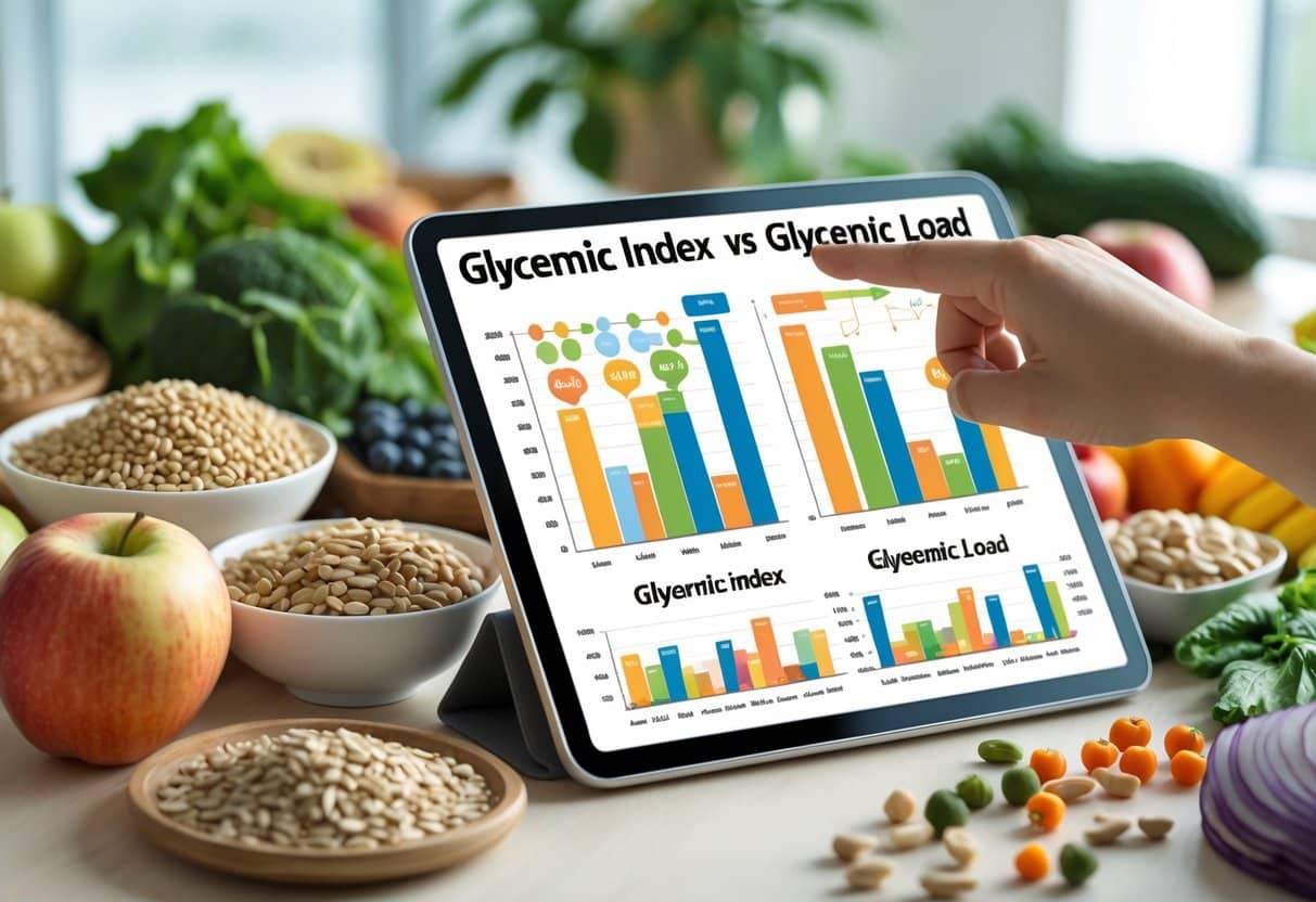 A hand pointing at a tablet displaying charts about glycemic index and glycemic load, surrounded by fresh fruits, vegetables, and whole grains on a wooden table.
