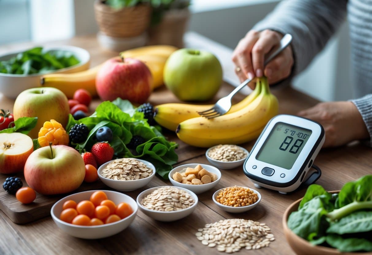 A table with fresh fruits, whole grains, vegetables, a digital glucose monitor, and a hand holding a fork ready to eat.