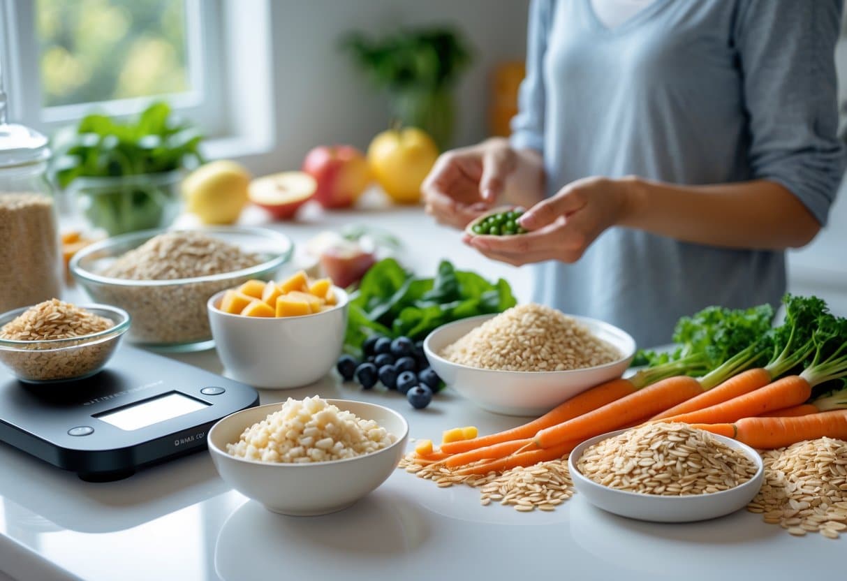 A person selecting fresh fruits and grains on a kitchen countertop with a digital scale and various healthy foods arranged neatly.