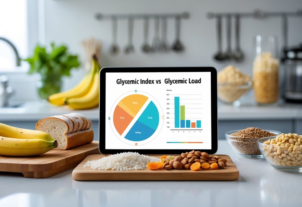 A kitchen countertop with fresh foods like bread, bananas, rice, nuts, lentils, and whole grains arranged around a tablet displaying charts comparing glycemic index and glycemic load.
