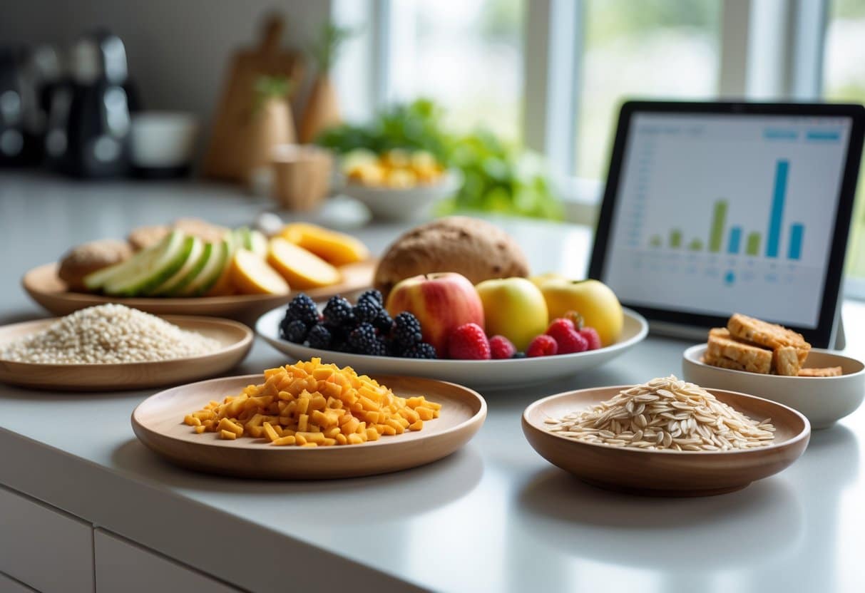 A kitchen countertop with a variety of fresh fruits, whole grains, starchy vegetables, and processed foods arranged to illustrate differences in glycemic index and glycemic load.