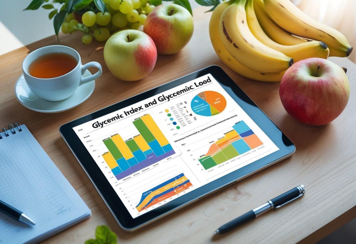 A workspace with a tablet showing charts, fresh fruits on a wooden desk, a cup of tea, and a notepad with a pen.