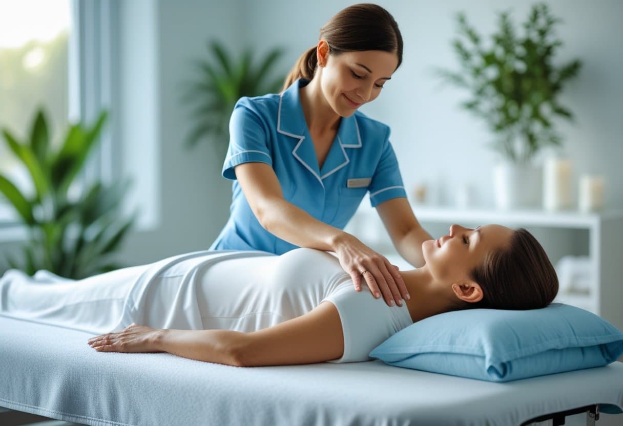 A massage therapist gently massaging the back of a relaxed person lying on a massage table in a bright, clean wellness room.