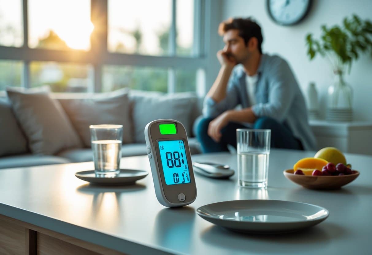 A person sitting at a kitchen table with a glucose meter, an empty plate, and a glass of water, suggesting they skipped breakfast.