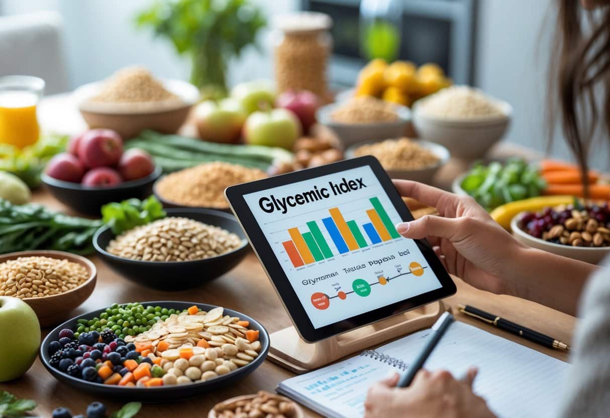 A person in a kitchen holding a tablet showing charts next to bowls of fresh fruits, vegetables, and grains on a wooden table.