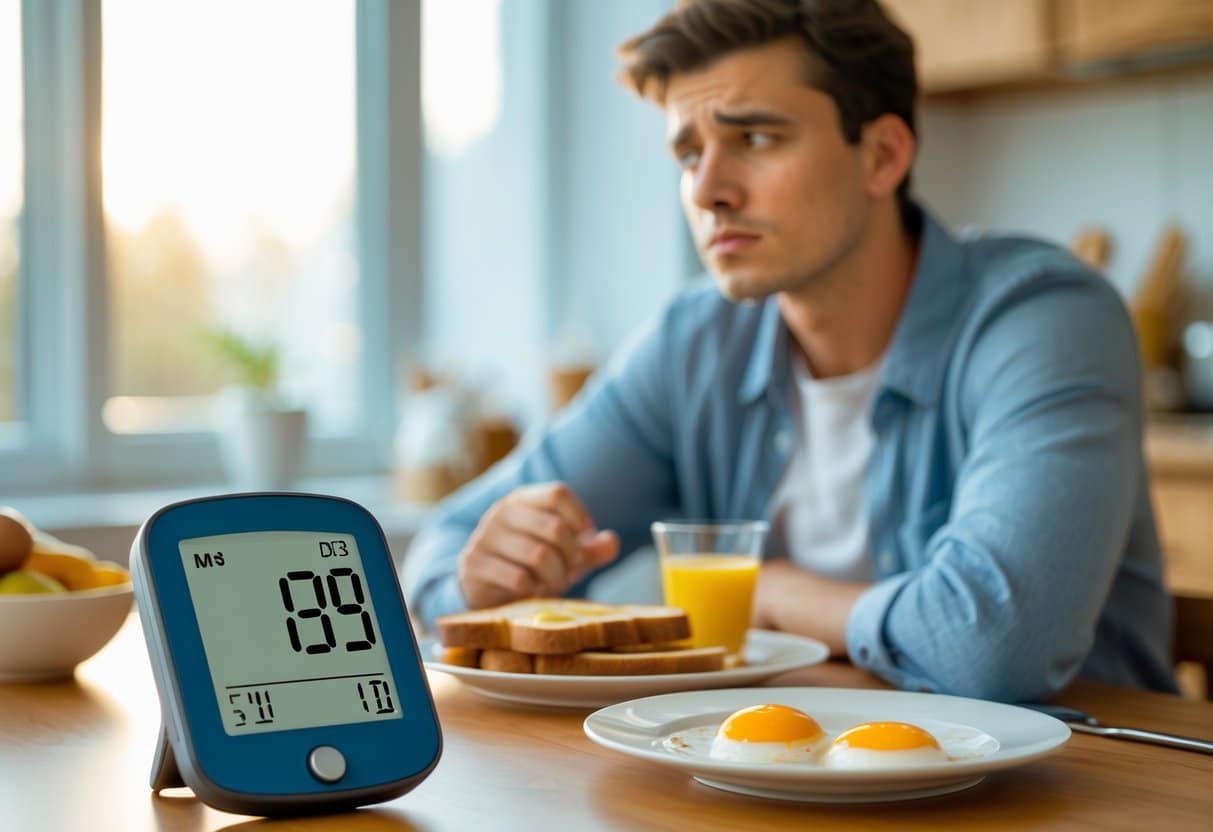 A young adult looking tired and sitting at a kitchen table with an untouched breakfast plate and a glucose monitor showing fluctuating blood sugar levels.
