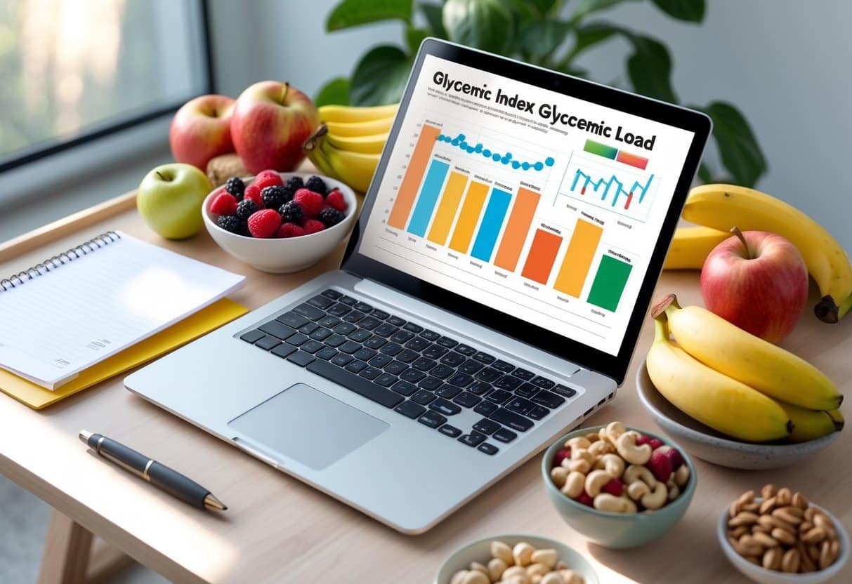 A workspace with a laptop showing colorful charts, fresh fruits, nuts, and a notepad on a wooden desk.