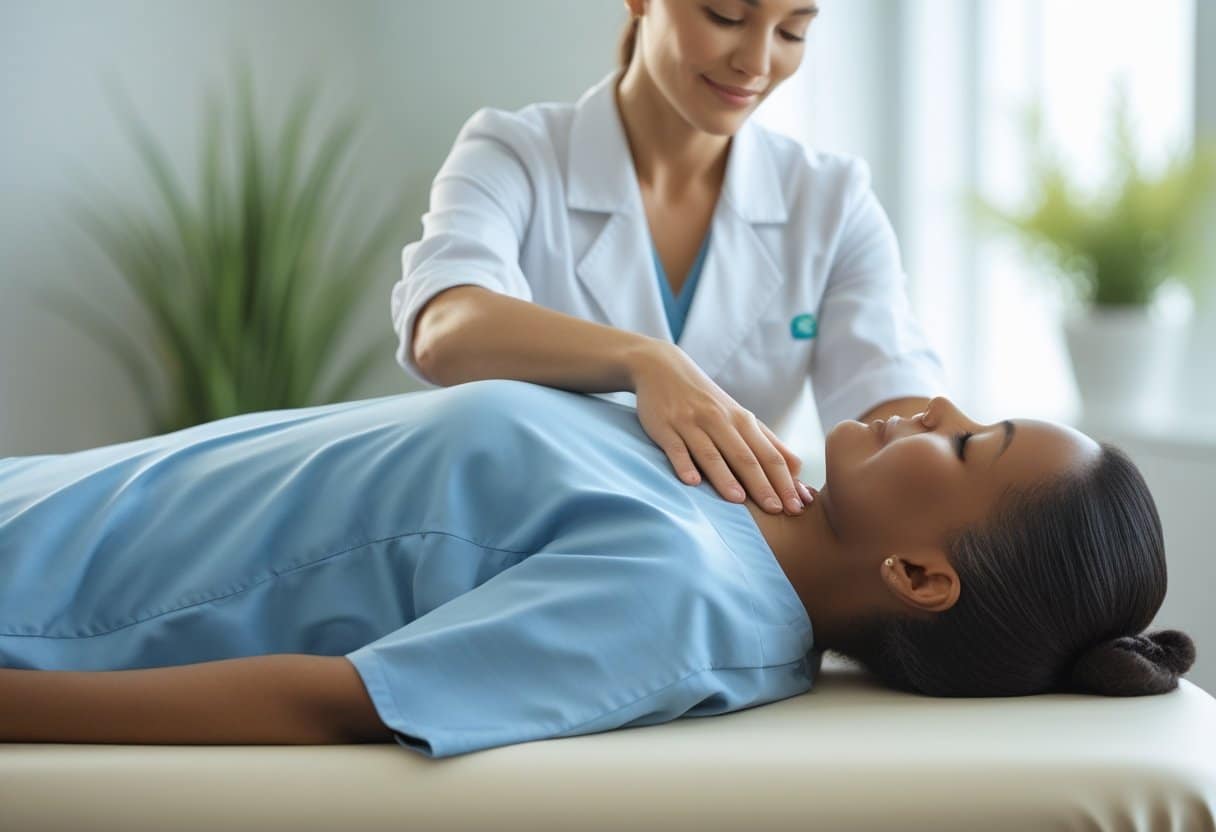 A massage therapist gently massaging the back of a relaxed adult client in a bright, modern wellness clinic.