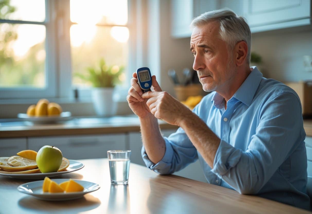A man sitting at a kitchen table checking his blood sugar with a glucometer, with an empty plate in front of him and a bowl of fruit in the background.