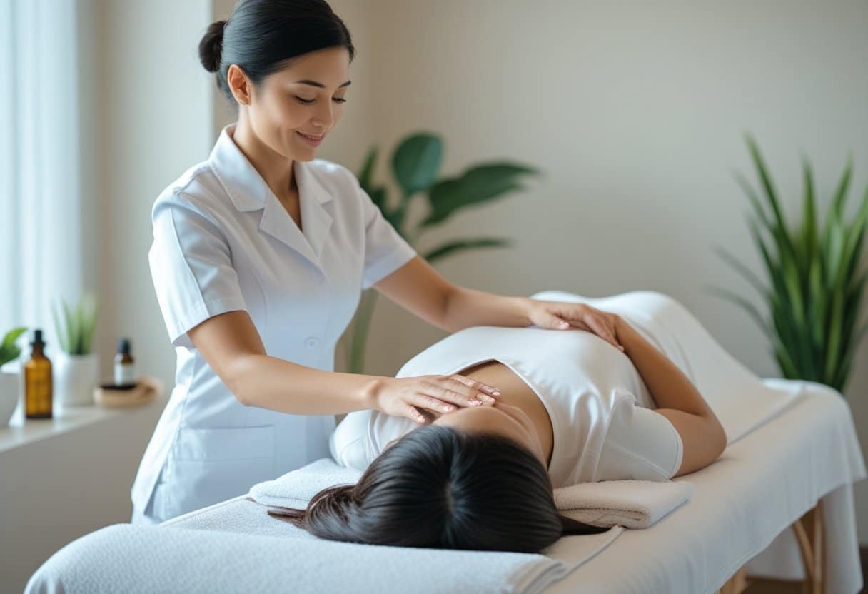 A massage therapist gently massaging a relaxed adult client's back in a calm, clean spa room focused on preventive health.