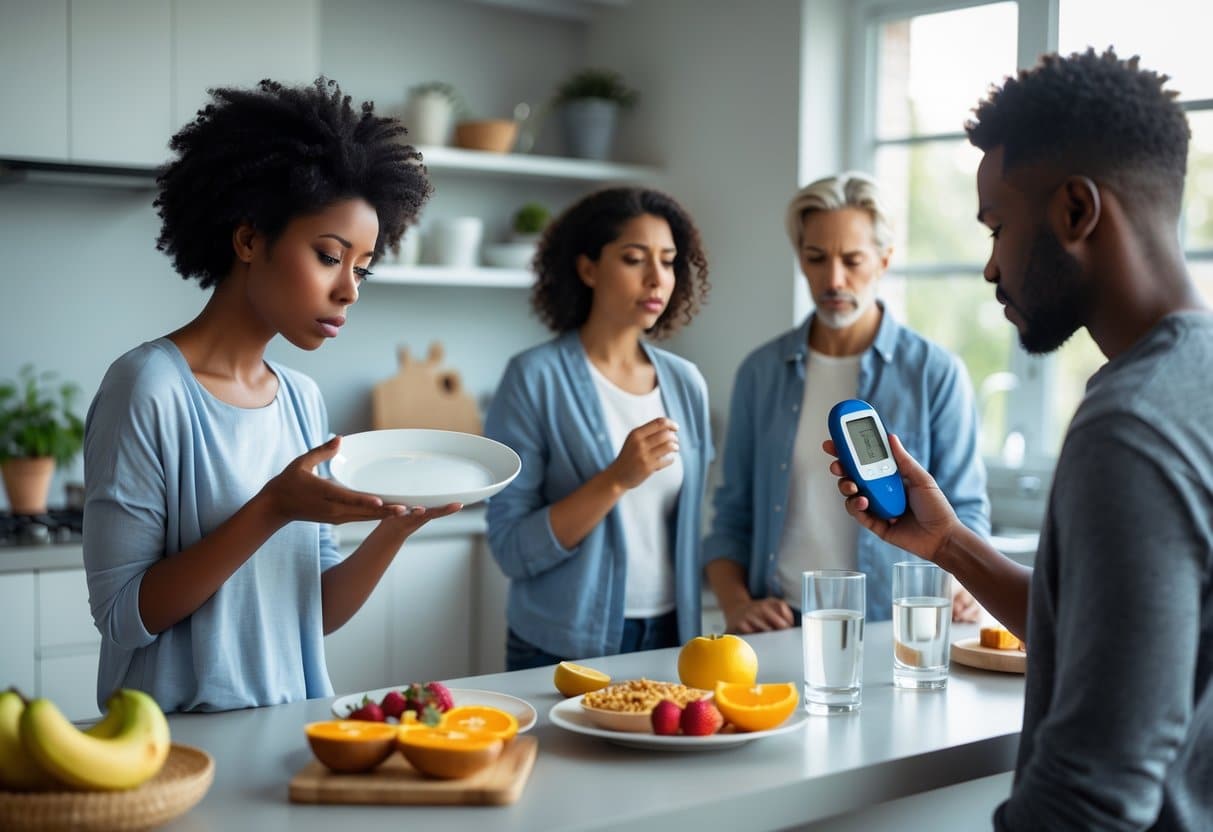 A diverse group of adults in a kitchen; one looks tired holding an empty plate, another checks blood sugar with a glucose meter, with healthy breakfast foods on the counter.