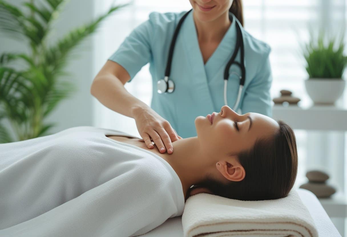 A massage therapist gently massaging the shoulders of a relaxed adult client lying on a massage table in a calm wellness room.