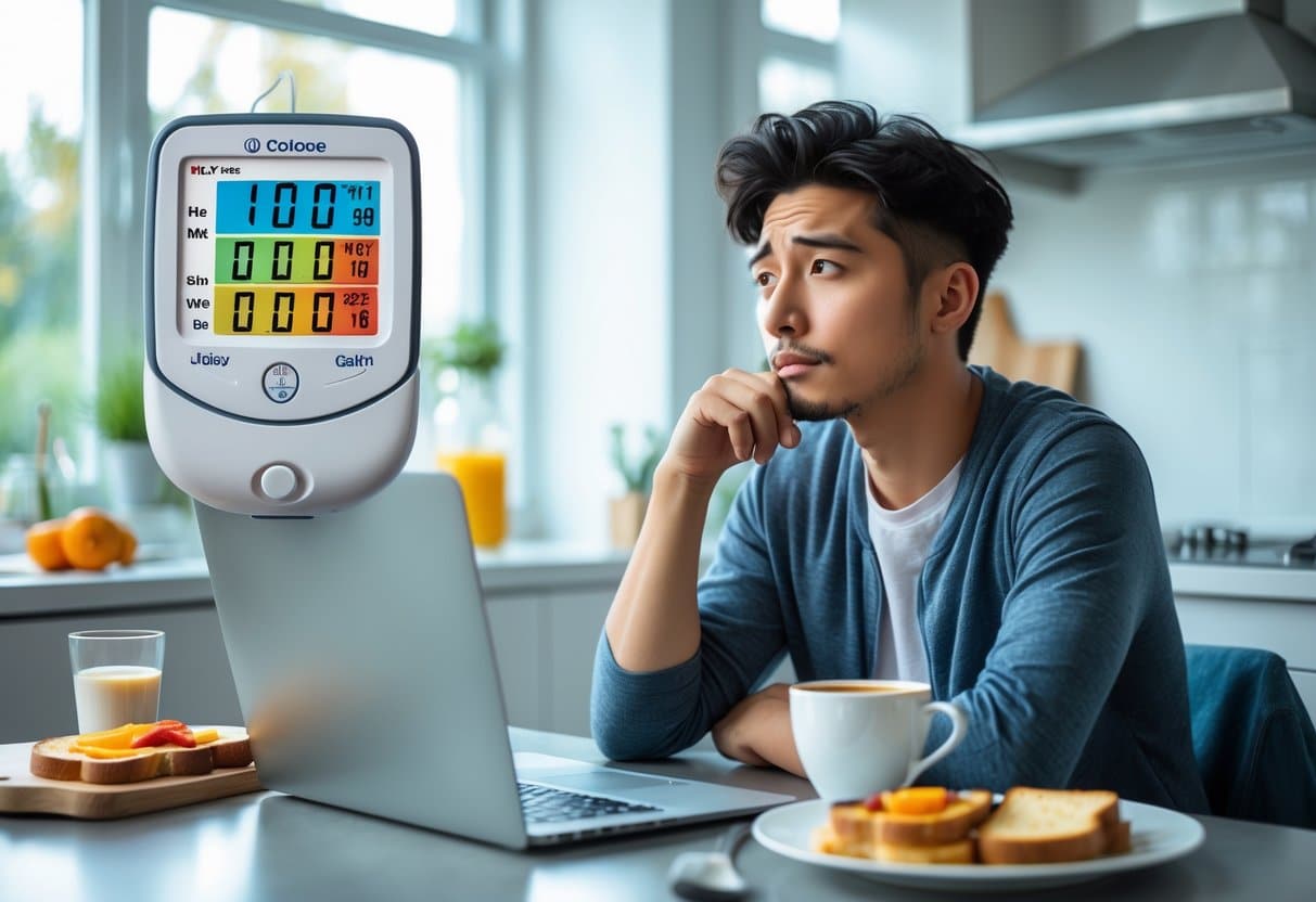 A young adult sitting at a kitchen table in the morning, looking tired and distracted with a laptop and a glucose monitor showing changing readings nearby, next to an untouched plate of breakfast food.
