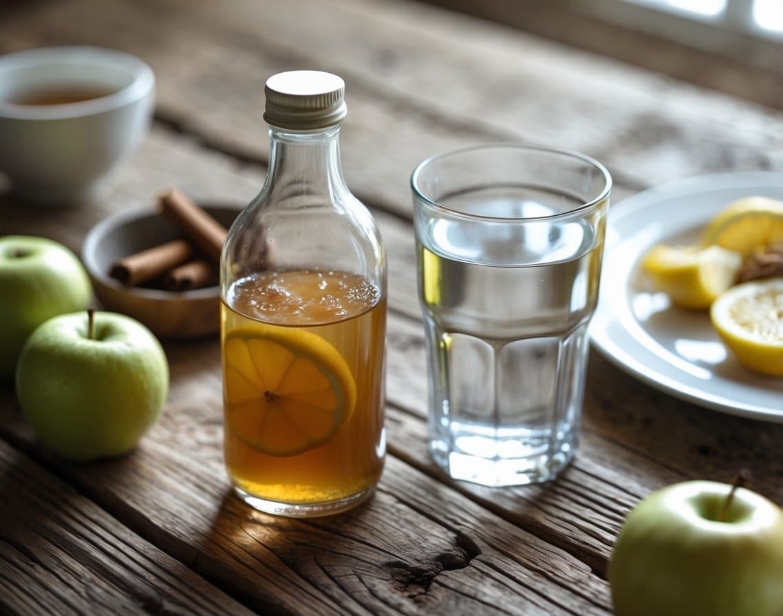 A close-up of a glass bottle of apple cider vinegar on a wooden table next to a glass of water with lemon, fresh apples, cinnamon sticks, and a plate with food.