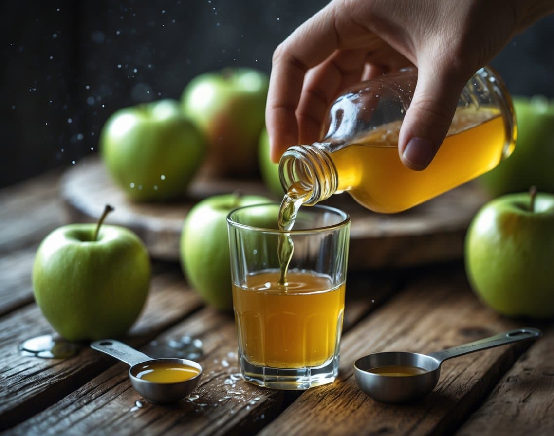 A hand pouring apple cider vinegar from a small glass bottle into a glass of water on a wooden table surrounded by fresh green apples.