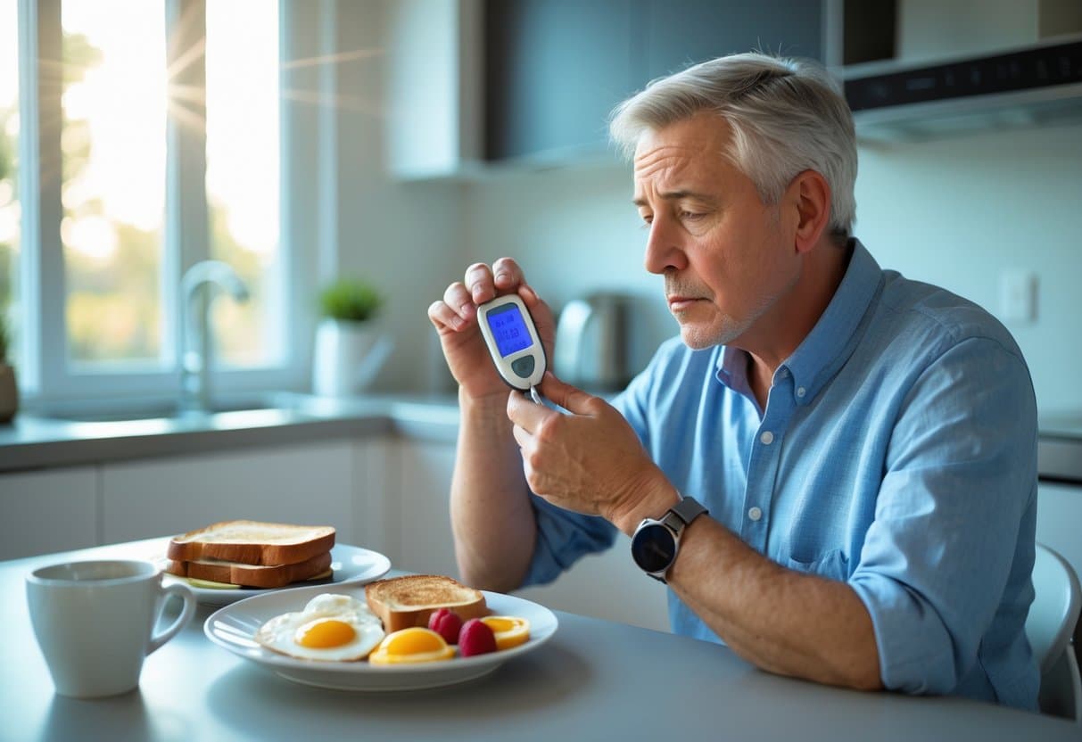 A person sitting at a kitchen table in the morning, checking their blood sugar with a glucose meter while breakfast remains untouched.